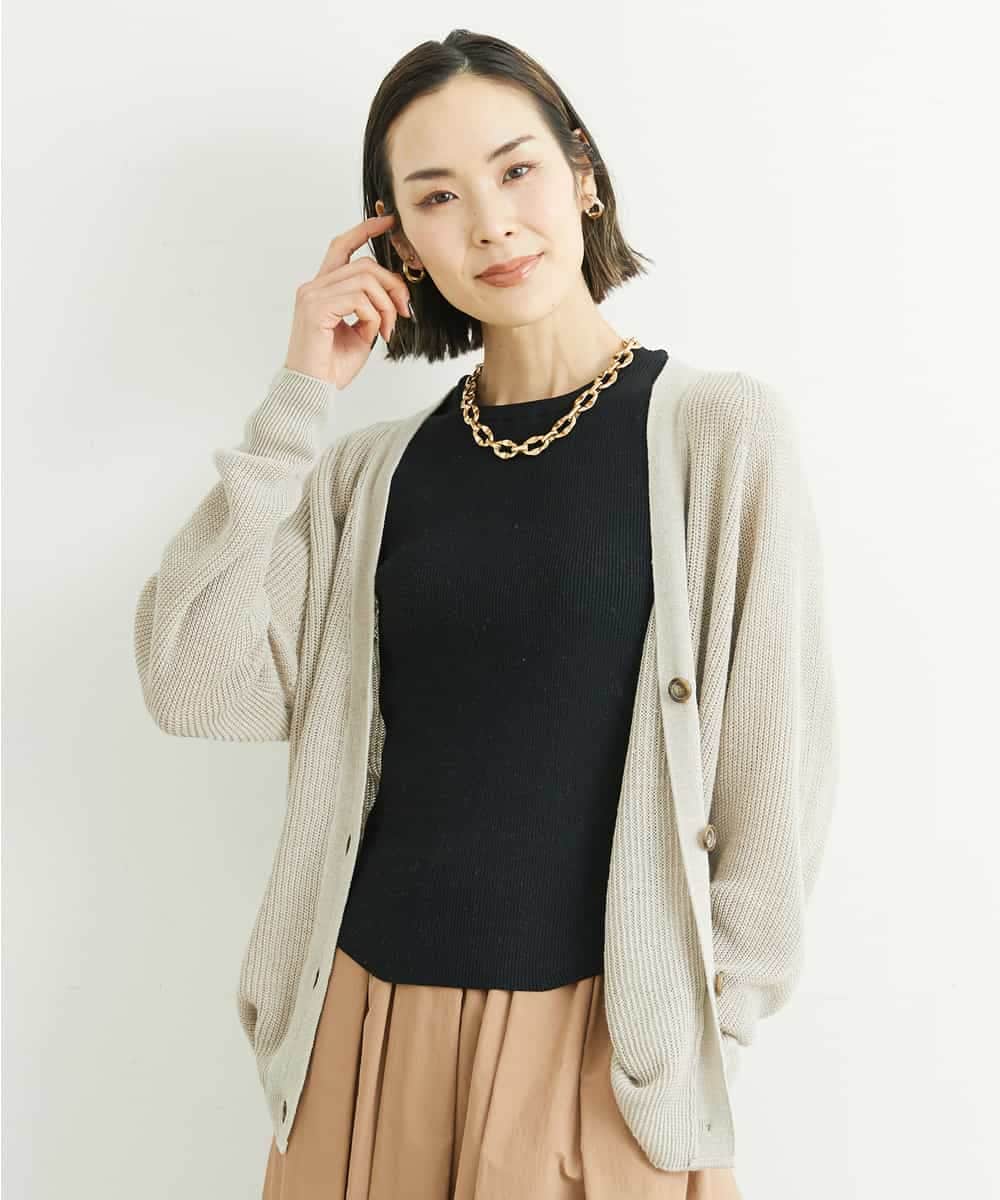 FMSFS19300 MICHEL KLEIN(ミッシェルクラン) ホールガーメント(R)フレンチリネンVネックカーディガン ベージュ(82)