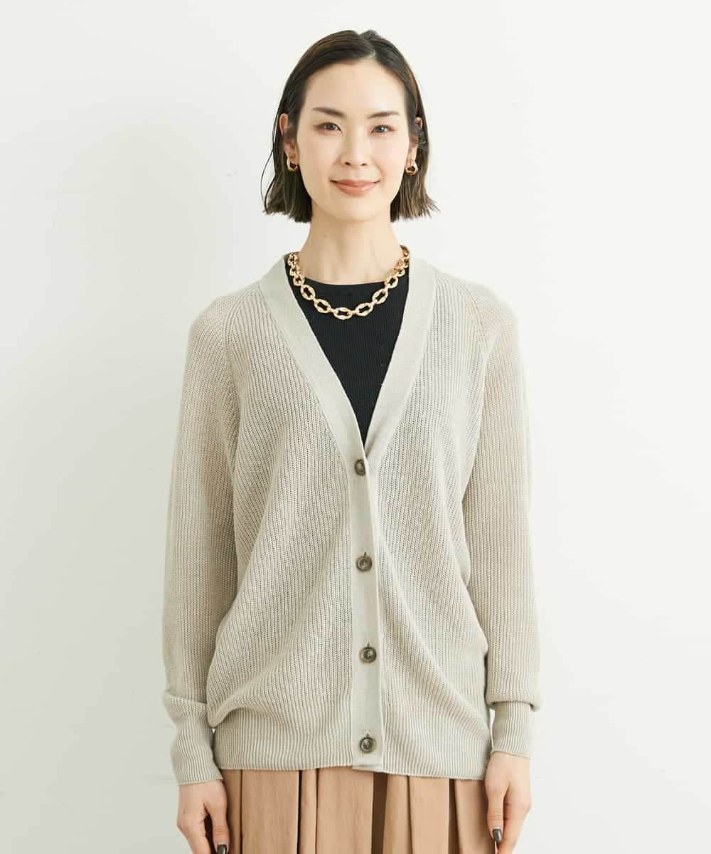 FMSFS19300 MICHEL KLEIN(ミッシェルクラン) ホールガーメント(R)フレンチリネンVネックカーディガン ベージュ(82)