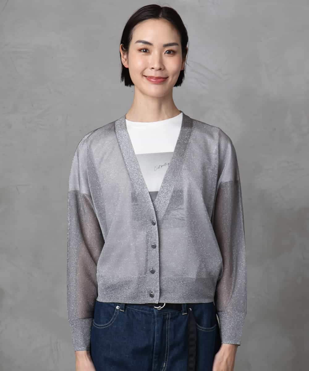 FMSGA19230 MICHEL KLEIN(ミッシェルクラン) シアーラメVネックカーディガン グレー