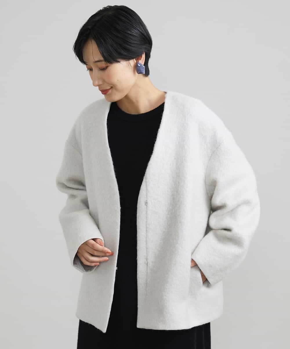FMUAV43390 MICHEL KLEIN(ミッシェルクラン) モヘアシャギーノーカラーコート ライトグレー(91)