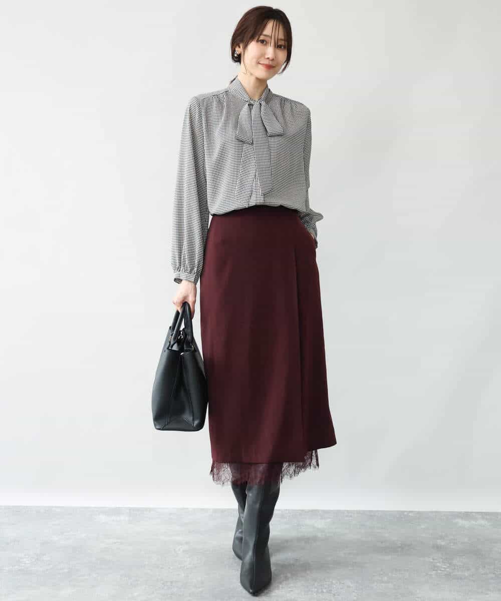 FOBAG59150 MK MICHEL KLEIN(MK ミッシェルクラン) [洗える]ボウタイ付き千鳥柄ブラウス ホワイト×ブラック