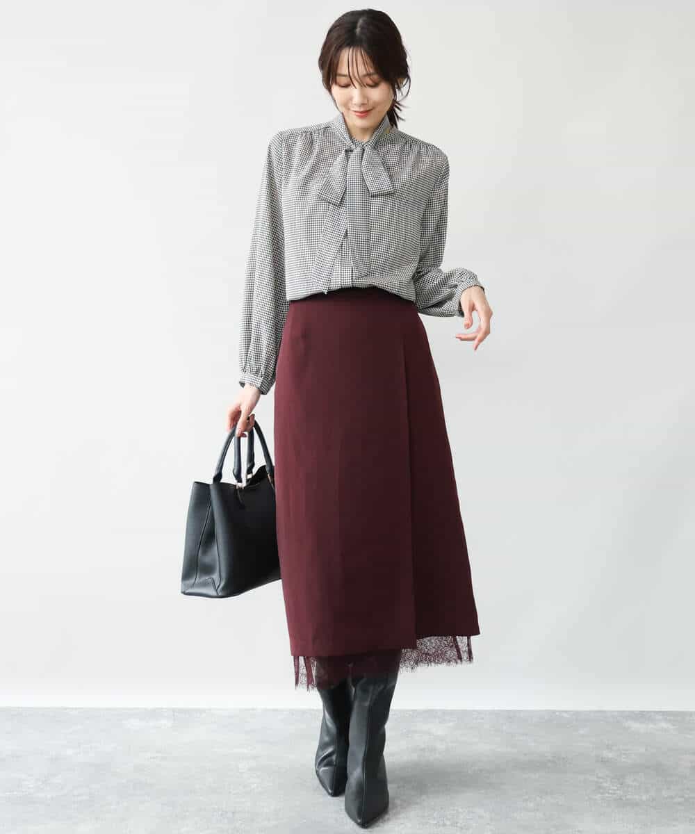 FOBAG59150 MK MICHEL KLEIN(MK ミッシェルクラン) [洗える]ボウタイ付き千鳥柄ブラウス ホワイト×ブラック