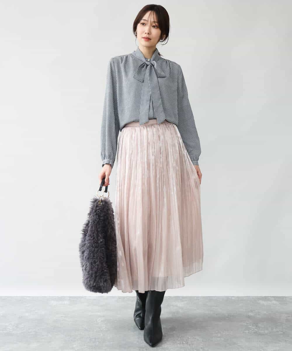 FOBAG59150 MK MICHEL KLEIN(MK ミッシェルクラン) [洗える]ボウタイ付き千鳥柄ブラウス ホワイト×ブラック