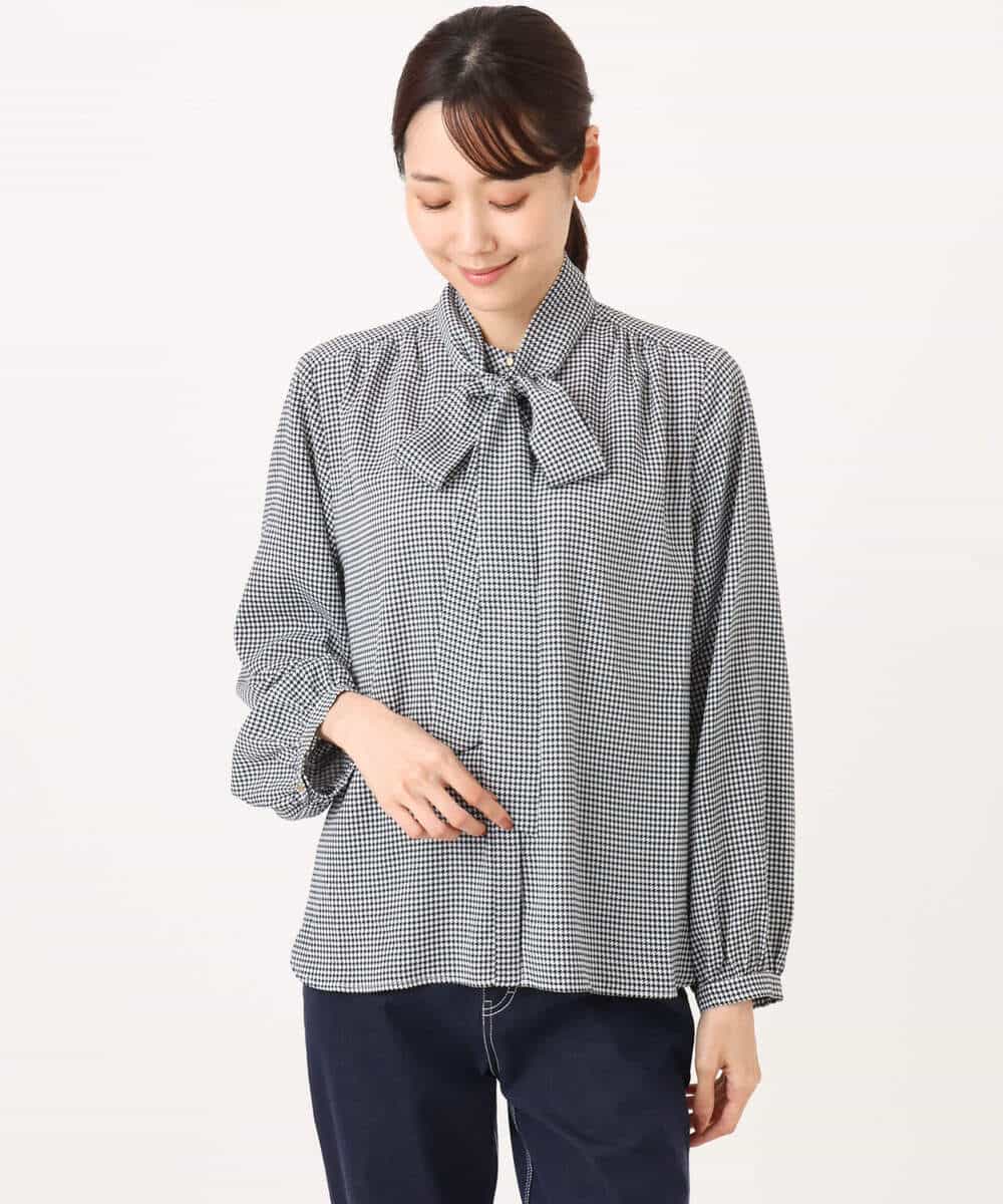 FOBAG59150 MK MICHEL KLEIN(MK ミッシェルクラン) [洗える]ボウタイ付き千鳥柄ブラウス ホワイト×ブラック