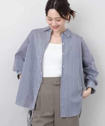FOBGA46150 MK MICHEL KLEIN ストライプ柄サッカーシャツブラウス/洗える