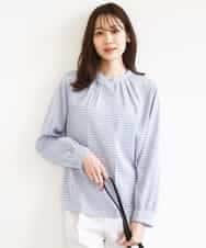 FOBGD21140 MK MICHEL KLEIN(MK ミッシェルクラン) 幾何柄バンドカラーブラウス/洗える ライトブルー