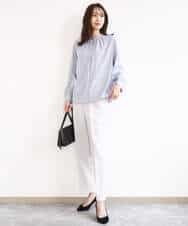 FOBGD21140 MK MICHEL KLEIN(MK ミッシェルクラン) 幾何柄バンドカラーブラウス/洗える ライトブルー