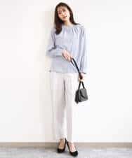 FOBGD21140 MK MICHEL KLEIN(MK ミッシェルクラン) 幾何柄バンドカラーブラウス/洗える ライトブルー