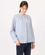 FOBGD21140 MK MICHEL KLEIN(MK ミッシェルクラン) 幾何柄バンドカラーブラウス/洗える ライトブルー