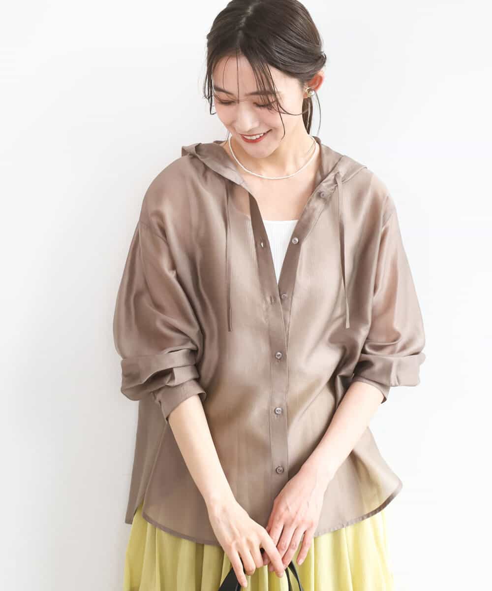 FOBGD41160 MK MICHEL KLEIN(MK ミッシェルクラン) フーディーデザインシアーシャツブラウス/洗える モカ