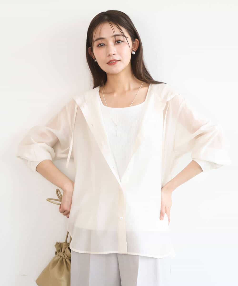 FOBGD41160 MK MICHEL KLEIN(MK ミッシェルクラン) フーディーデザインシアーシャツブラウス/洗える モカ