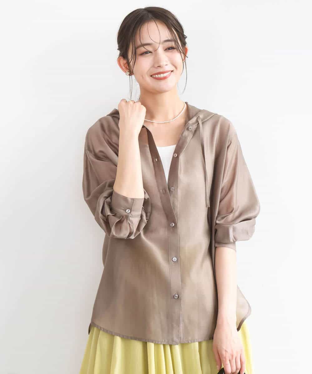 FOBGD41160 MK MICHEL KLEIN(MK ミッシェルクラン) フーディーデザインシアーシャツブラウス/洗える モカ