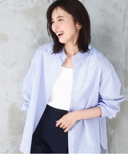 FOBGD46150 MK MICHEL KLEIN ストライプ柄サッカーシャツブラウス/洗える