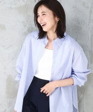 FOBGD46150 MK MICHEL KLEIN(MK ミッシェルクラン) ストライプ柄サッカーシャツブラウス/洗える ライトブルー