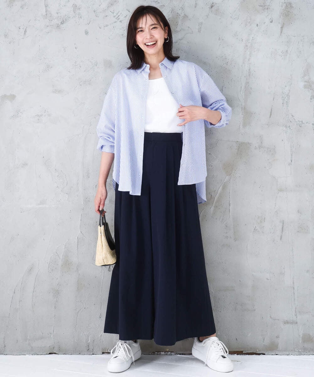 FOBGD46150 MK MICHEL KLEIN(MK ミッシェルクラン) ストライプ柄サッカーシャツブラウス/洗える ネイビー