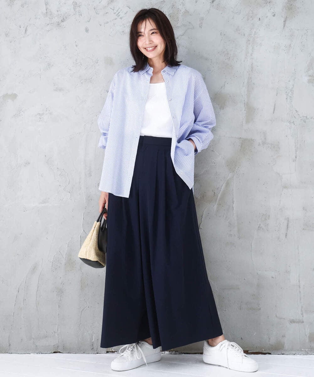 FOBGD46150 MK MICHEL KLEIN(MK ミッシェルクラン) ストライプ柄サッカーシャツブラウス/洗える ネイビー