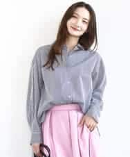 FOBGD46150 MK MICHEL KLEIN(MK ミッシェルクラン) ストライプ柄サッカーシャツブラウス/洗える ネイビー