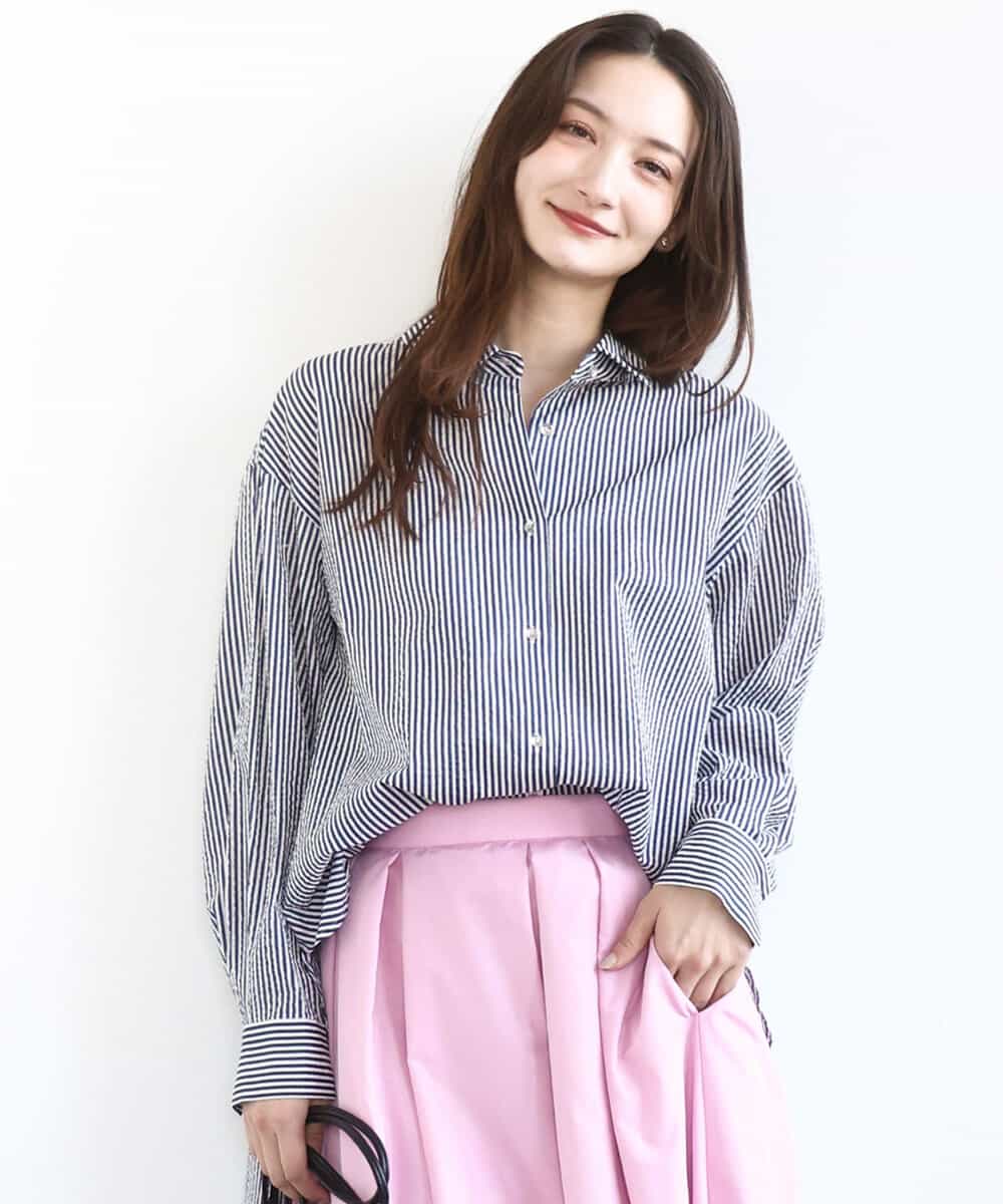 FOBGD46150 MK MICHEL KLEIN(MK ミッシェルクラン) ストライプ柄サッカーシャツブラウス/洗える ネイビー