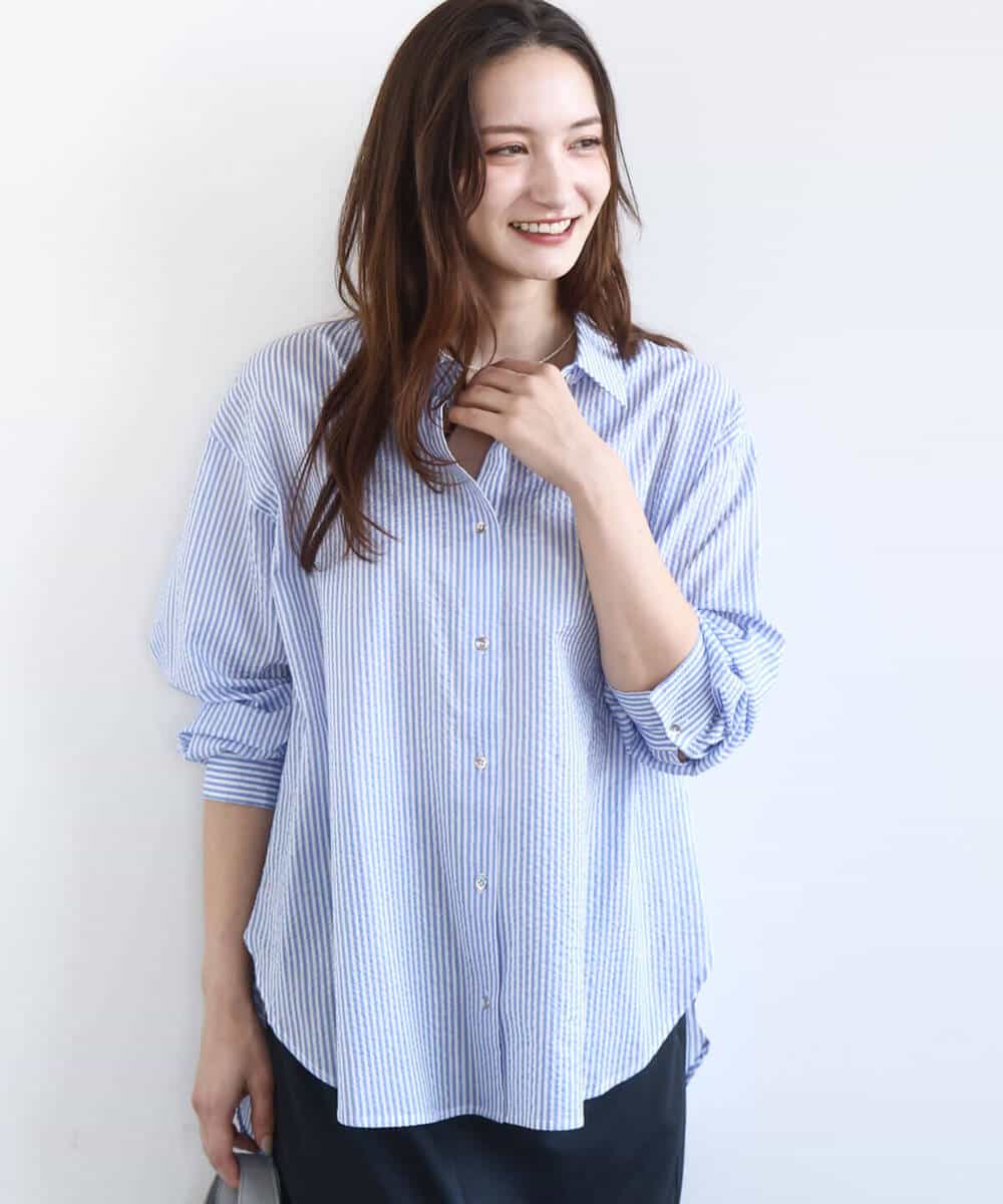 FOBGD46150 MK MICHEL KLEIN(MK ミッシェルクラン) ストライプ柄サッカーシャツブラウス/洗える ネイビー