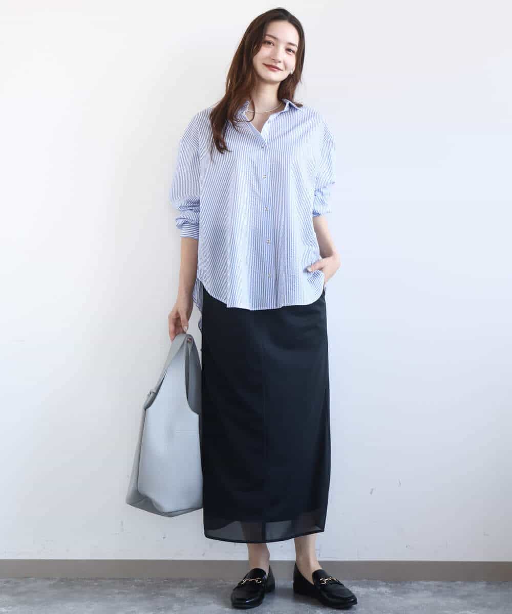 FOBGD46150 MK MICHEL KLEIN(MK ミッシェルクラン) ストライプ柄サッカーシャツブラウス/洗える ネイビー