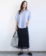 FOBGD46150 MK MICHEL KLEIN(MK ミッシェルクラン) ストライプ柄サッカーシャツブラウス/洗える ネイビー