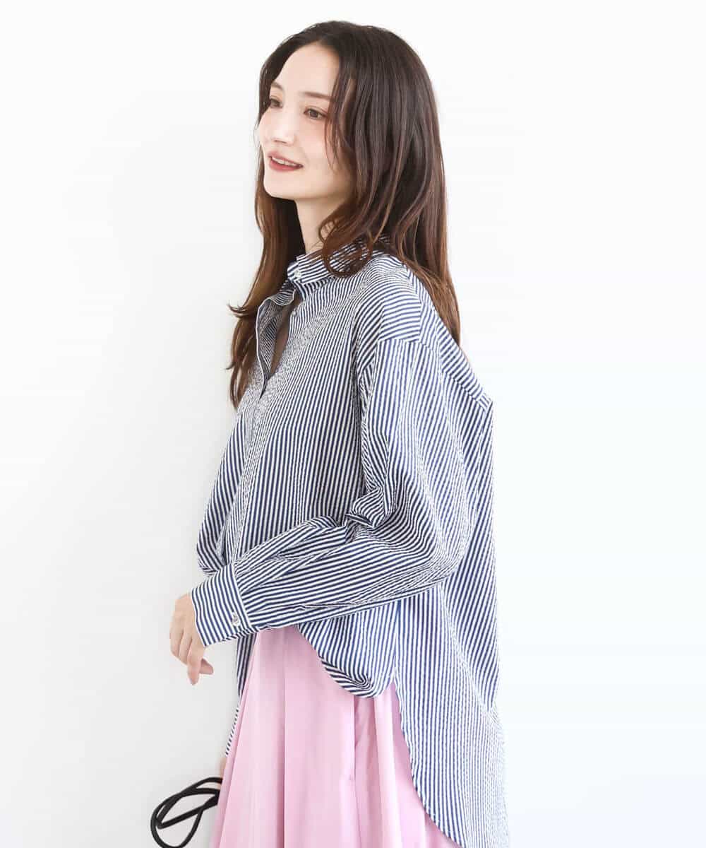 FOBGD46150 MK MICHEL KLEIN(MK ミッシェルクラン) ストライプ柄サッカーシャツブラウス/洗える ネイビー