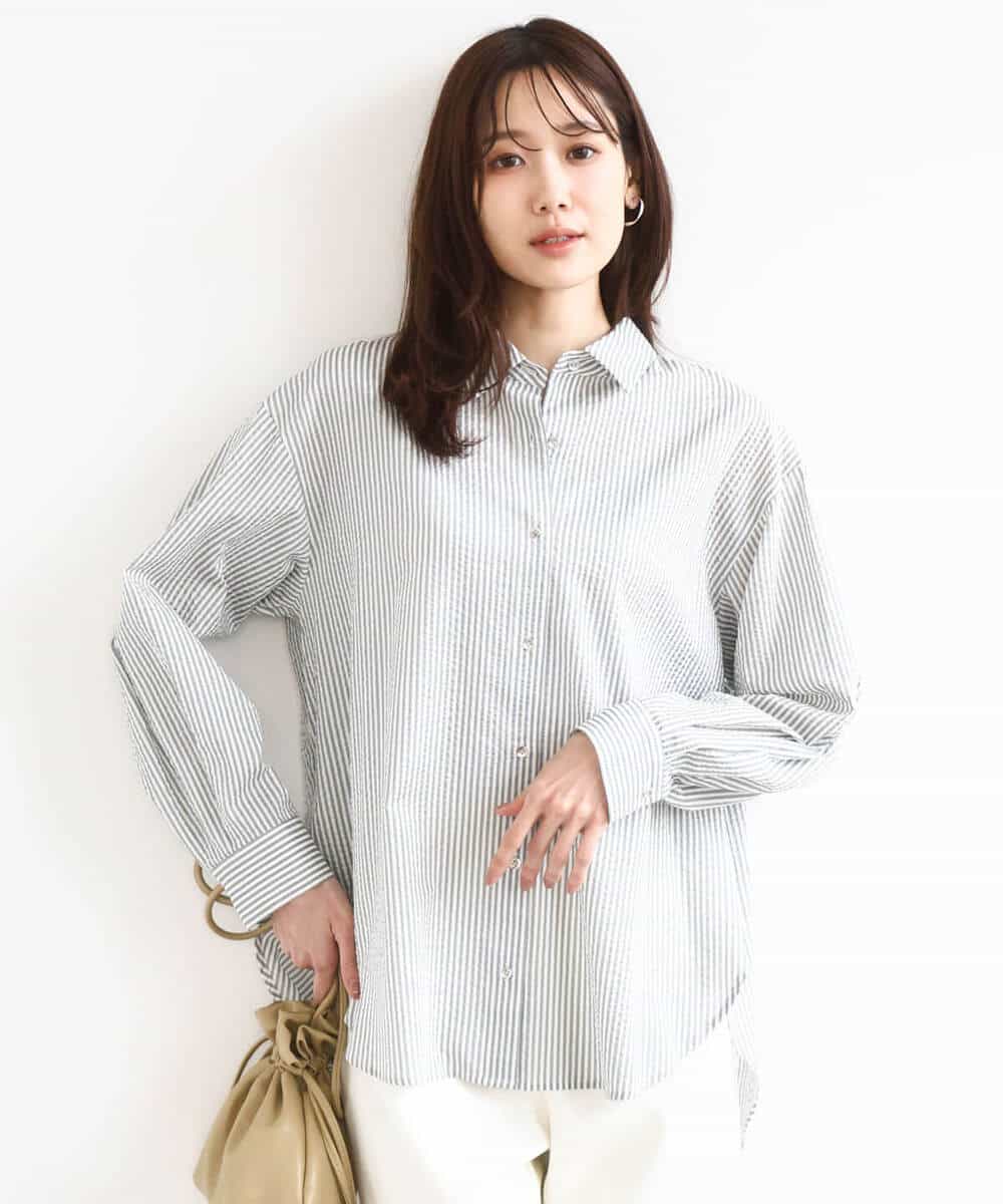 FOBGD46150 MK MICHEL KLEIN(MK ミッシェルクラン) ストライプ柄サッカーシャツブラウス/洗える ネイビー