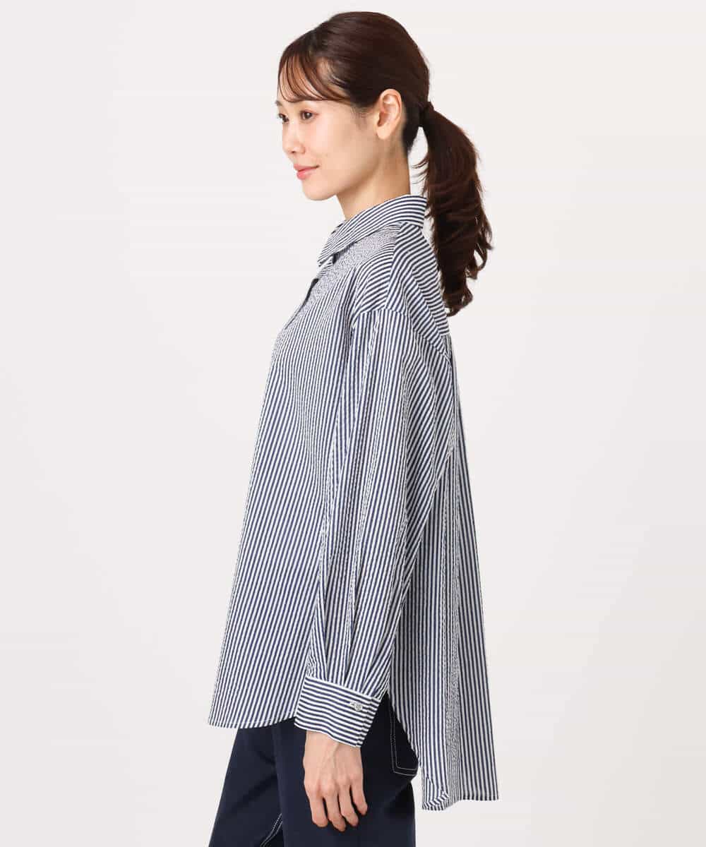 FOBGD46150 MK MICHEL KLEIN(MK ミッシェルクラン) ストライプ柄サッカーシャツブラウス/洗える ネイビー