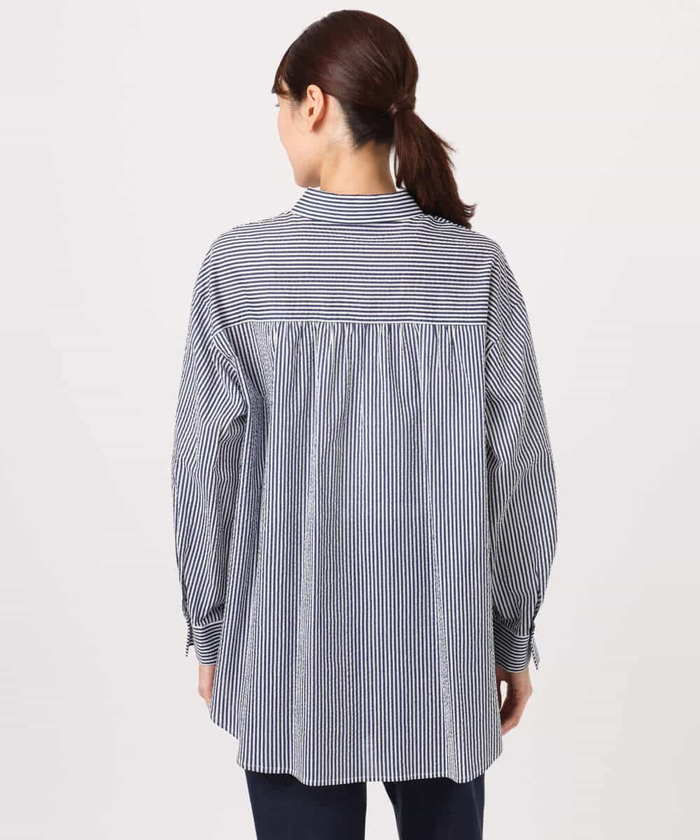 FOBGD46150 MK MICHEL KLEIN(MK ミッシェルクラン) ストライプ柄サッカーシャツブラウス/洗える ネイビー