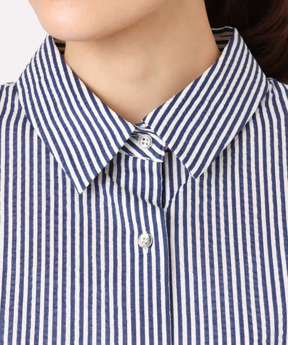 FOBGD46150 MK MICHEL KLEIN(MK ミッシェルクラン) ストライプ柄サッカーシャツブラウス/洗える ネイビー