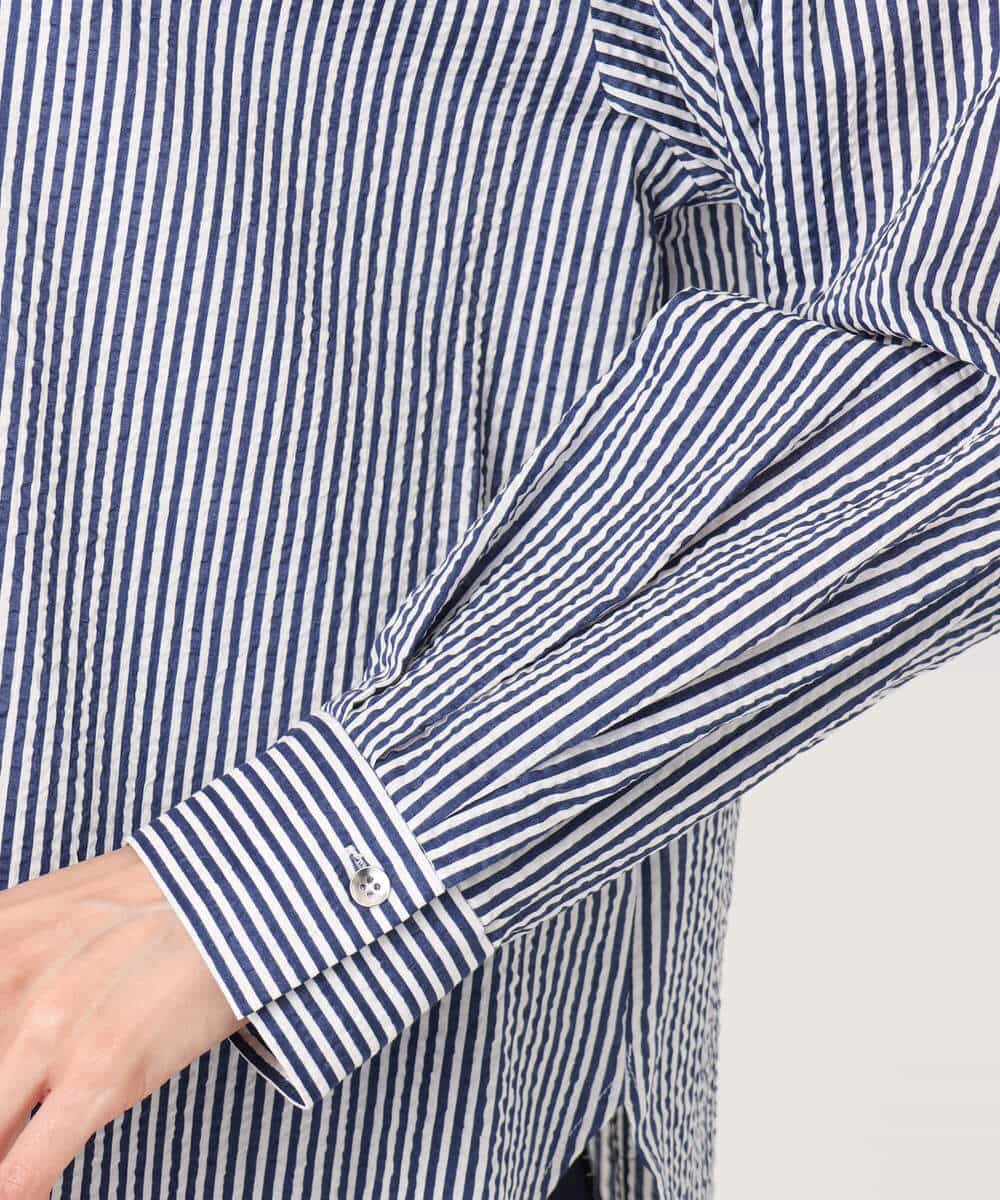 FOBGD46150 MK MICHEL KLEIN(MK ミッシェルクラン) ストライプ柄サッカーシャツブラウス/洗える ネイビー