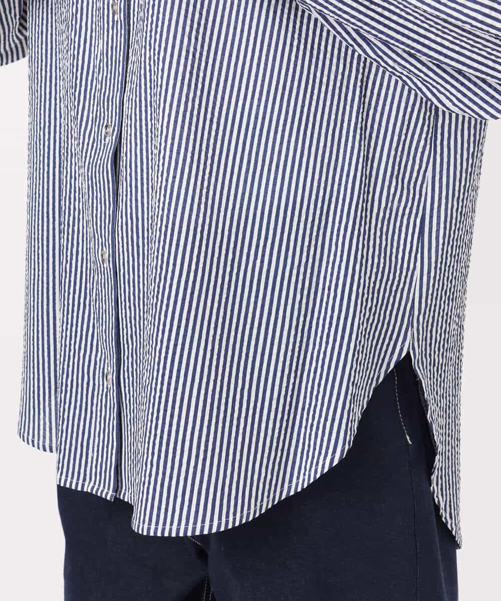 FOBGD46150 MK MICHEL KLEIN(MK ミッシェルクラン) ストライプ柄サッカーシャツブラウス/洗える ネイビー