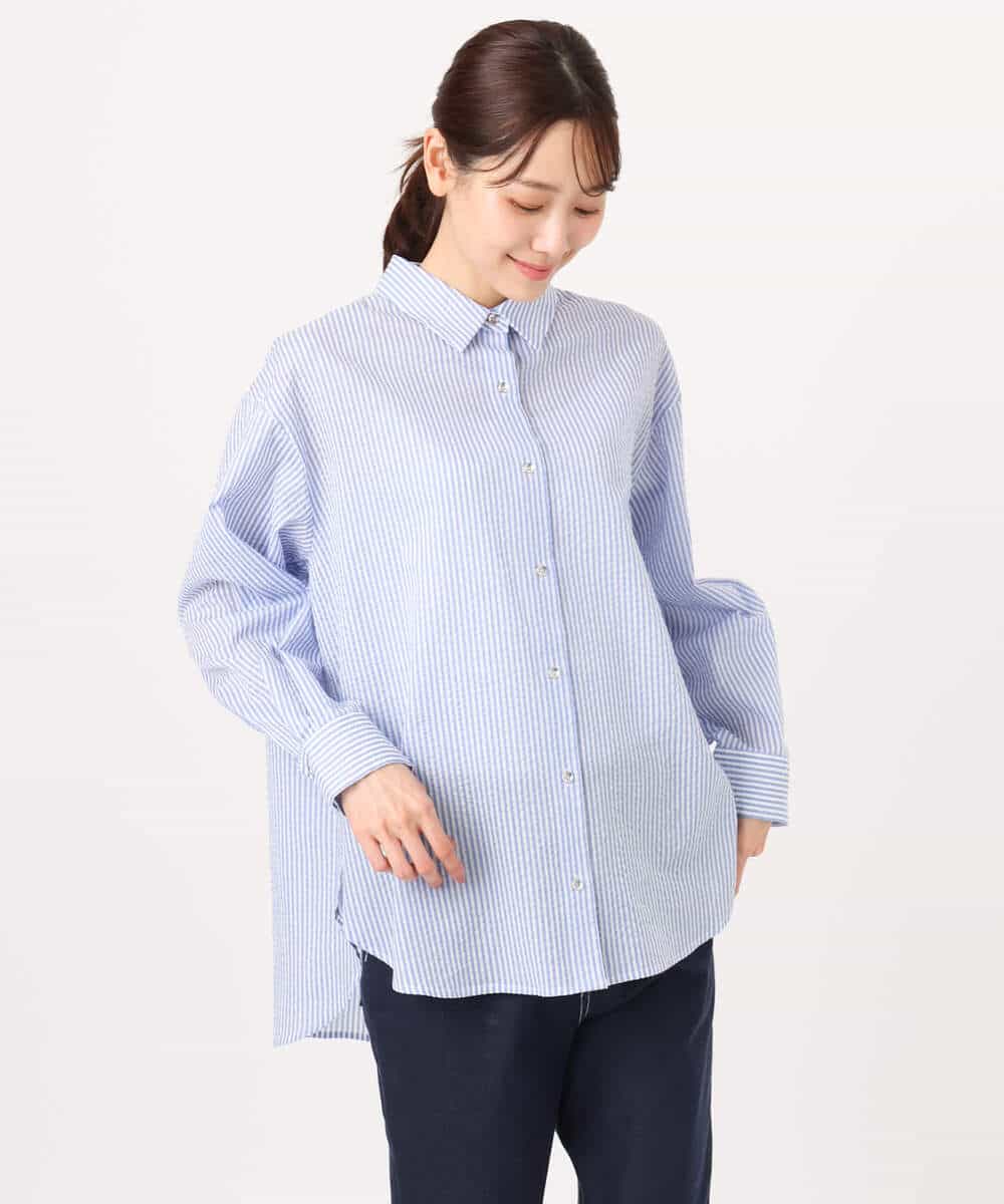 FOBGD46150 MK MICHEL KLEIN(MK ミッシェルクラン) ストライプ柄サッカーシャツブラウス/洗える ネイビー