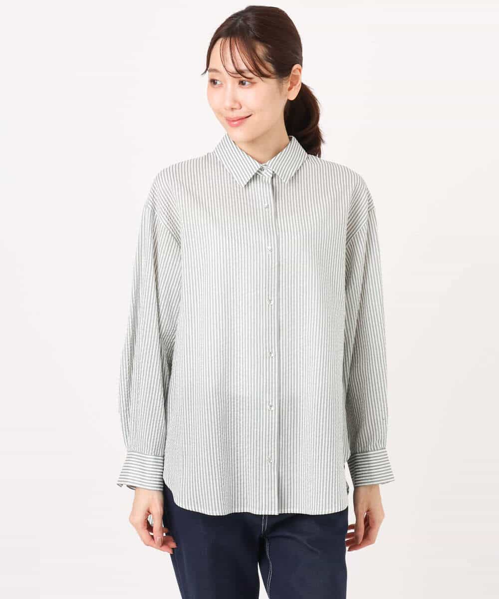 FOBGD46150 MK MICHEL KLEIN(MK ミッシェルクラン) ストライプ柄サッカーシャツブラウス/洗える ネイビー