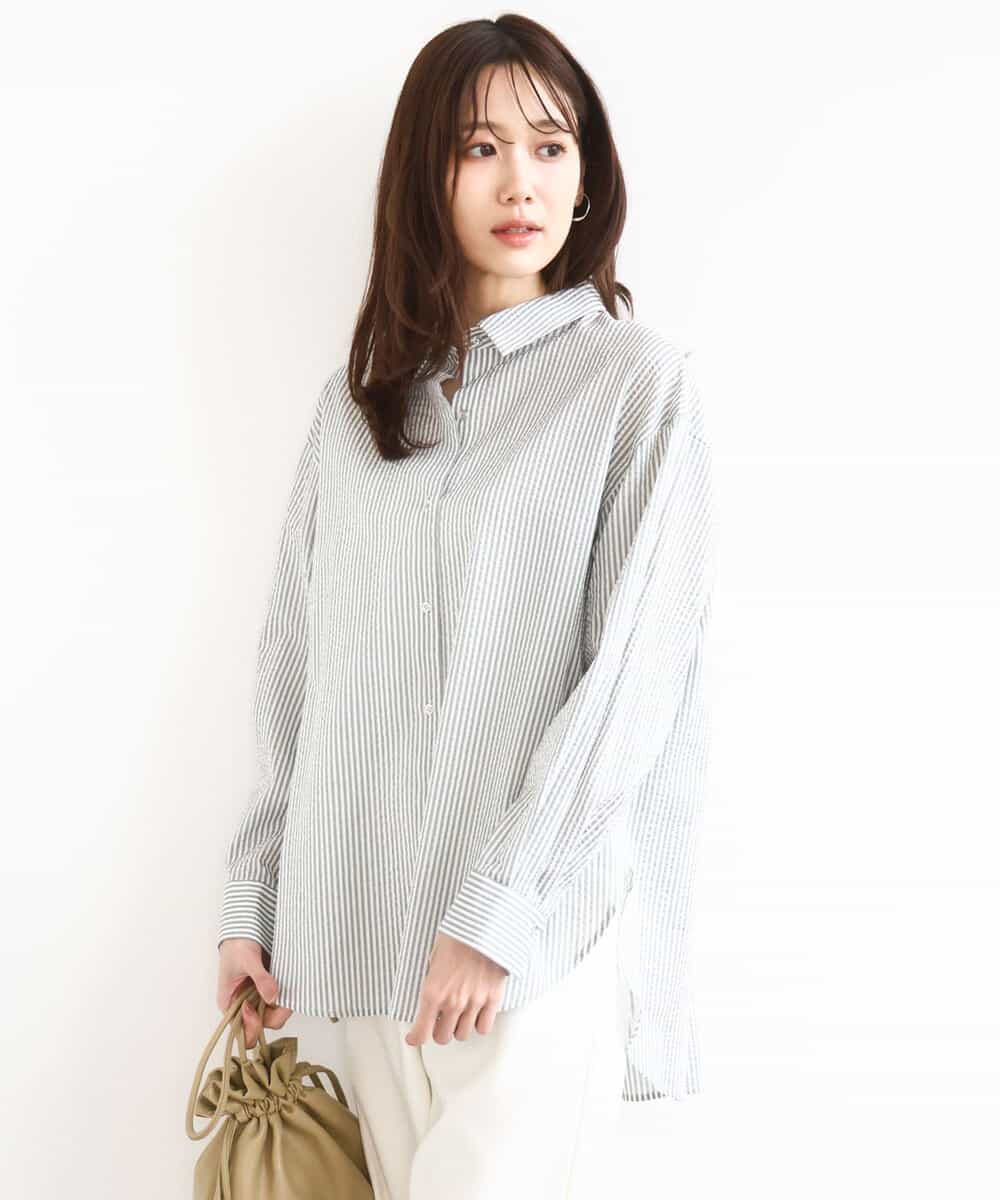 FOBGD46150 MK MICHEL KLEIN(MK ミッシェルクラン) ストライプ柄サッカーシャツブラウス/洗える カーキグレー