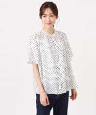 FOBGD51150 MK MICHEL KLEIN(MK ミッシェルクラン) [UVカット/接触冷感/洗える]フレアスリーブ幾何柄ブラウス ネイビー