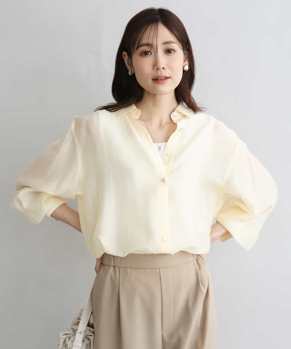 FOBGD57150 MK MICHEL KLEIN(MK ミッシェルクラン) [接触冷感/洗える]ドビーストライプ柄シアーシャツブラウス ライトイエロー