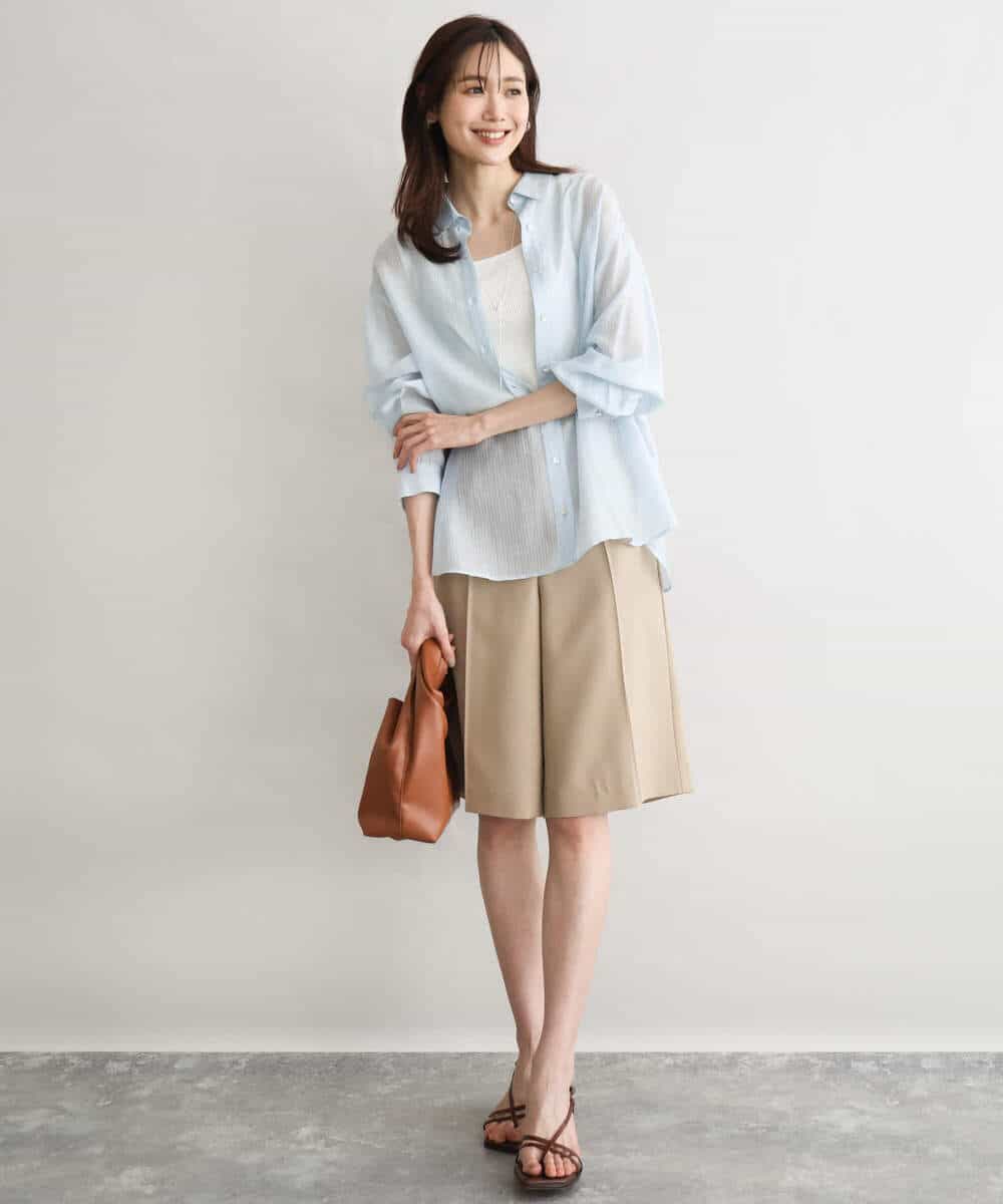 FOBGD57150 MK MICHEL KLEIN(MK ミッシェルクラン) [接触冷感/洗える]ドビーストライプ柄シアーシャツブラウス ライトブルー