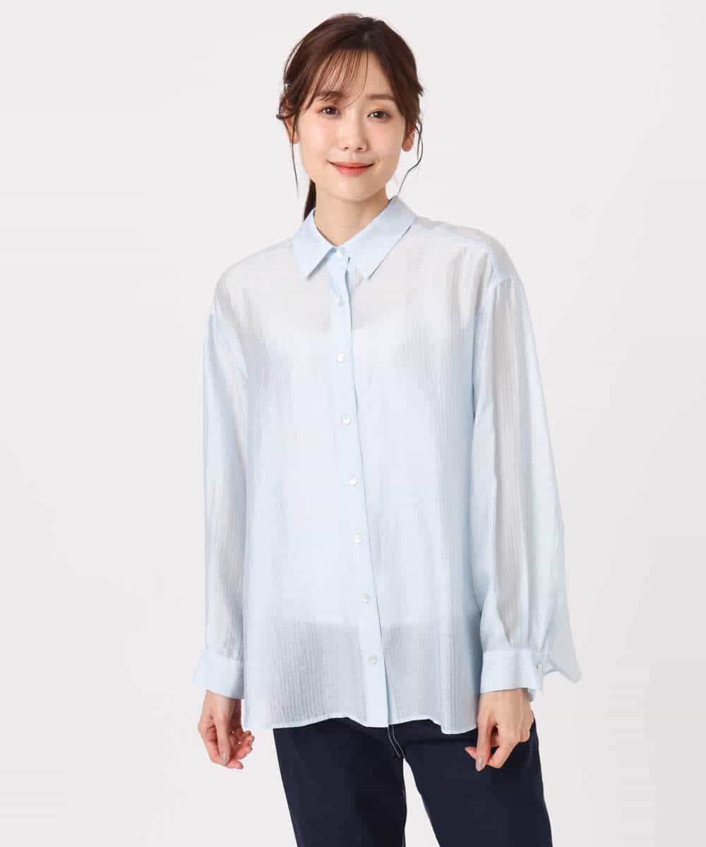 FOBGD57150 MK MICHEL KLEIN(MK ミッシェルクラン) [接触冷感/洗える]ドビーストライプ柄シアーシャツブラウス ライトブルー