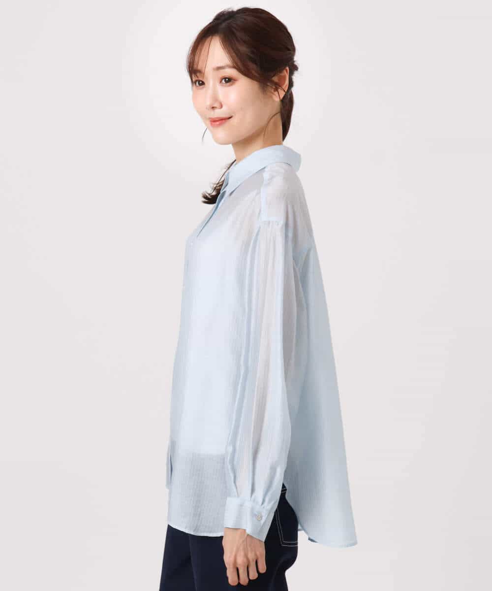 FOBGD57150 MK MICHEL KLEIN(MK ミッシェルクラン) [接触冷感/洗える]ドビーストライプ柄シアーシャツブラウス ライトブルー