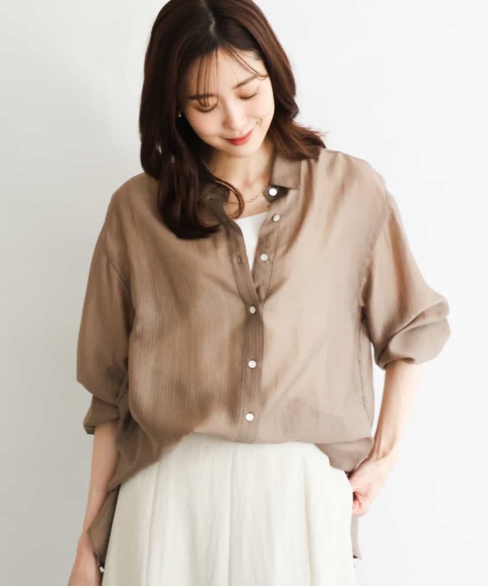 FOBGD57150 MK MICHEL KLEIN(MK ミッシェルクラン) [接触冷感/洗える]ドビーストライプ柄シアーシャツブラウス モカ