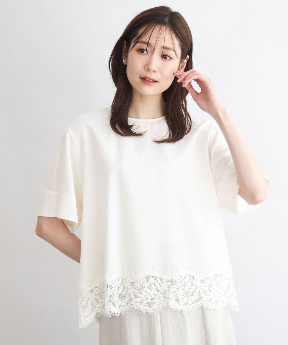 FOBGD59150 MK MICHEL KLEIN(MK ミッシェルクラン) [UVカット/接触冷感/洗える]ストレッチ 裾レース半袖ブラウス アイボリー