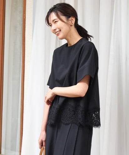 FOBGD59150 MK MICHEL KLEIN [UVカット/接触冷感/洗える]ストレッチ 裾レース半袖ブラウス