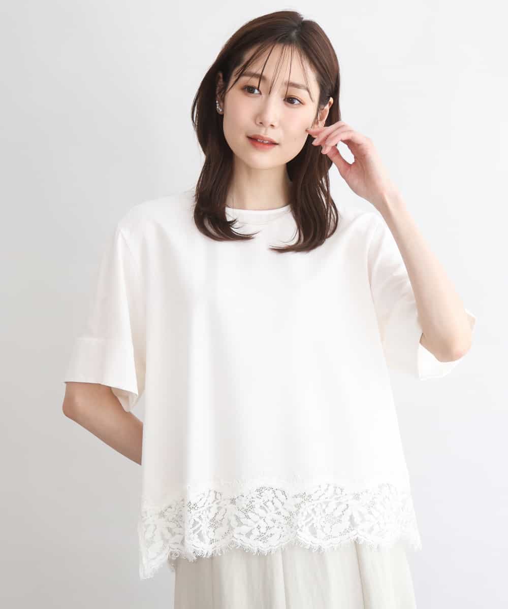 FOBGD59150 MK MICHEL KLEIN(MK ミッシェルクラン) [UVカット/接触冷感/洗える]ストレッチ 裾レース半袖ブラウス アイボリー