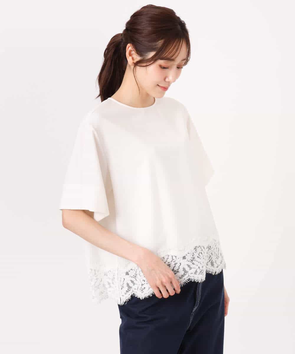 FOBGD59150 MK MICHEL KLEIN(MK ミッシェルクラン) [UVカット/接触冷感/洗える]ストレッチ 裾レース半袖ブラウス ブラック