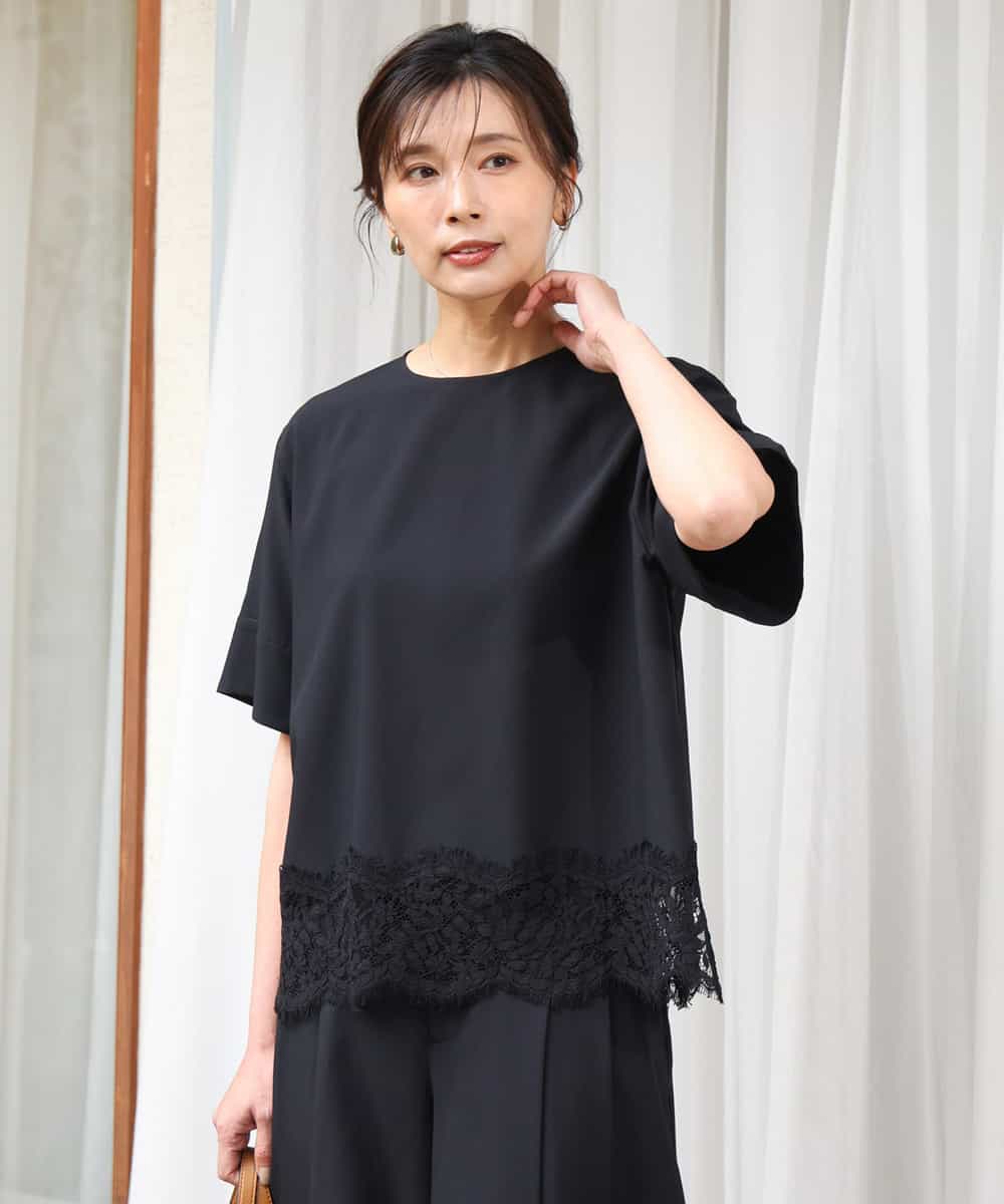 FOBGD59150 MK MICHEL KLEIN(MK ミッシェルクラン) [UVカット/接触冷感/洗える]ストレッチ 裾レース半袖ブラウス ブラック