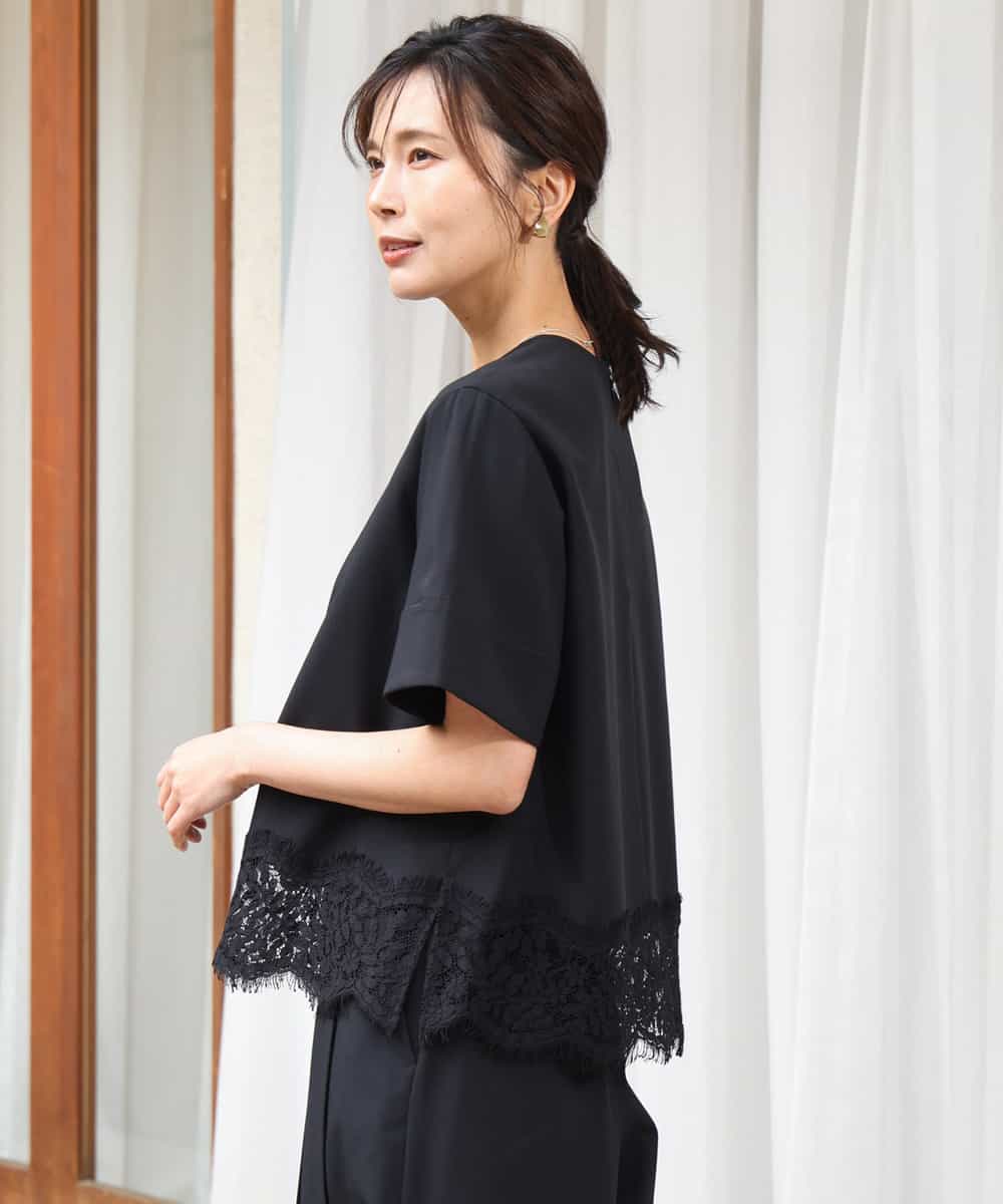 FOBGD59150 MK MICHEL KLEIN(MK ミッシェルクラン) [UVカット/接触冷感/洗える]ストレッチ 裾レース半袖ブラウス ブラック