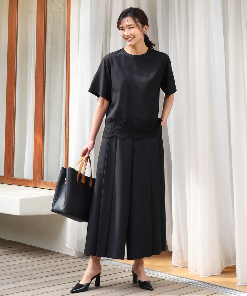 FOBGD59150 MK MICHEL KLEIN(MK ミッシェルクラン) [UVカット/接触冷感/洗える]ストレッチ 裾レース半袖ブラウス ブラック