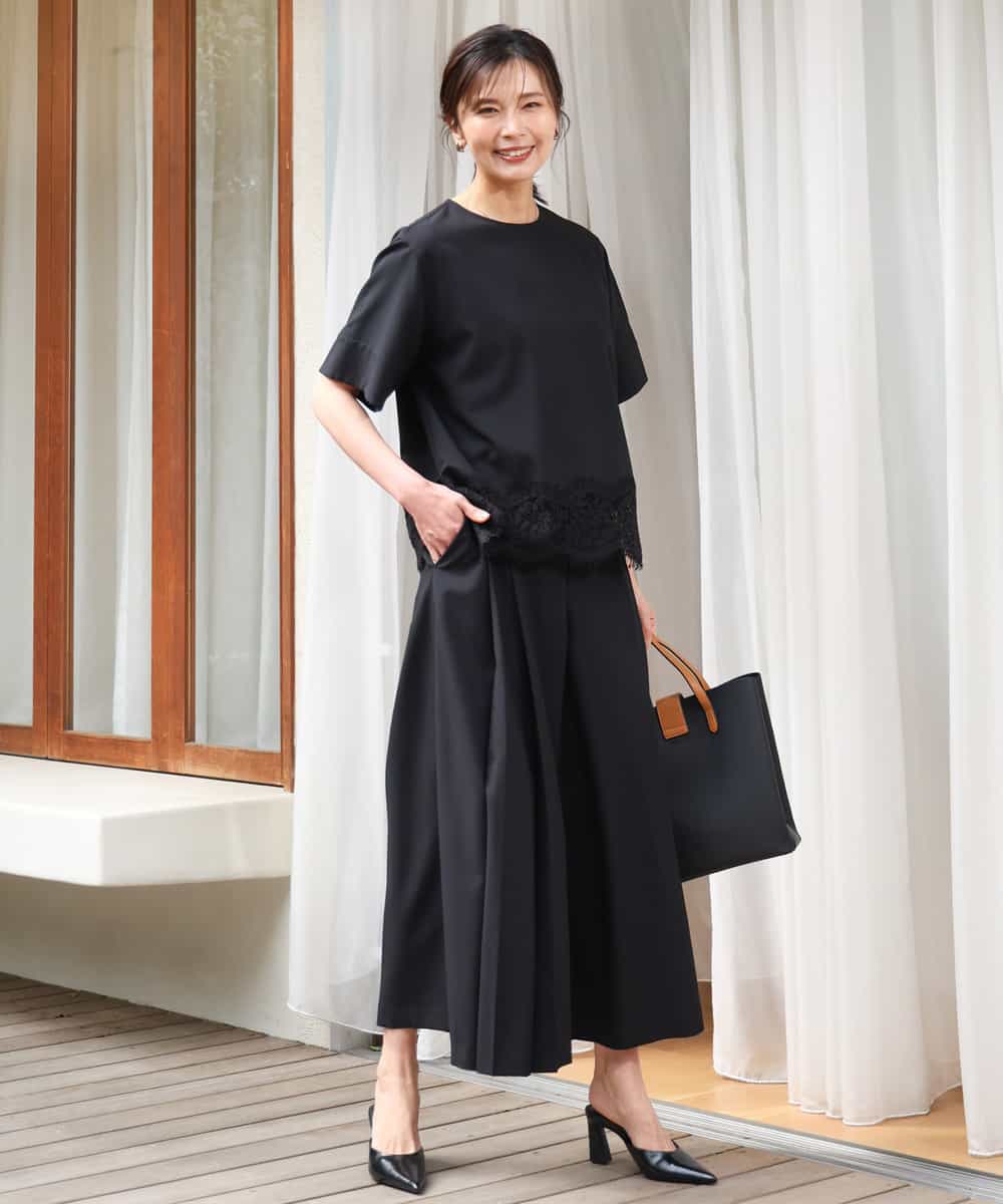 FOBGD59150 MK MICHEL KLEIN(MK ミッシェルクラン) [UVカット/接触冷感/洗える]ストレッチ 裾レース半袖ブラウス ブラック
