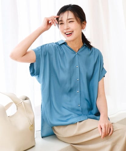 FOBGD68140 MK MICHEL KLEIN [UVカット/接触冷感/洗える]メタル釦デザイン サテン地ブラウス